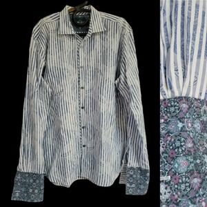 Ted Baker London Archive Mens Blue Stripe Contrast Floral Flip Cuff Shirt 17 2XL